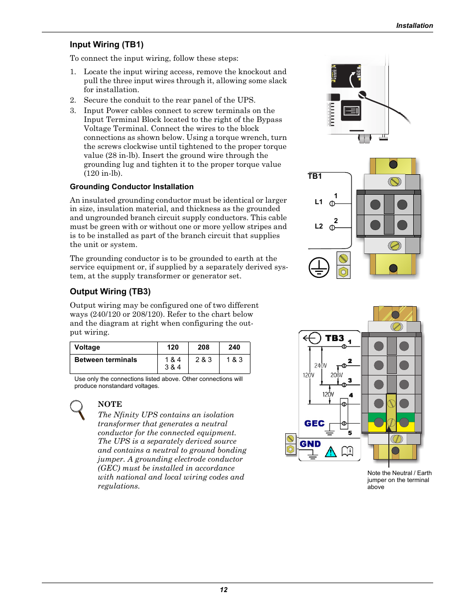 Input wiring (tb1), Output wiring (tb3) | Liebert Nfinity User Manual | Page 16 / 44