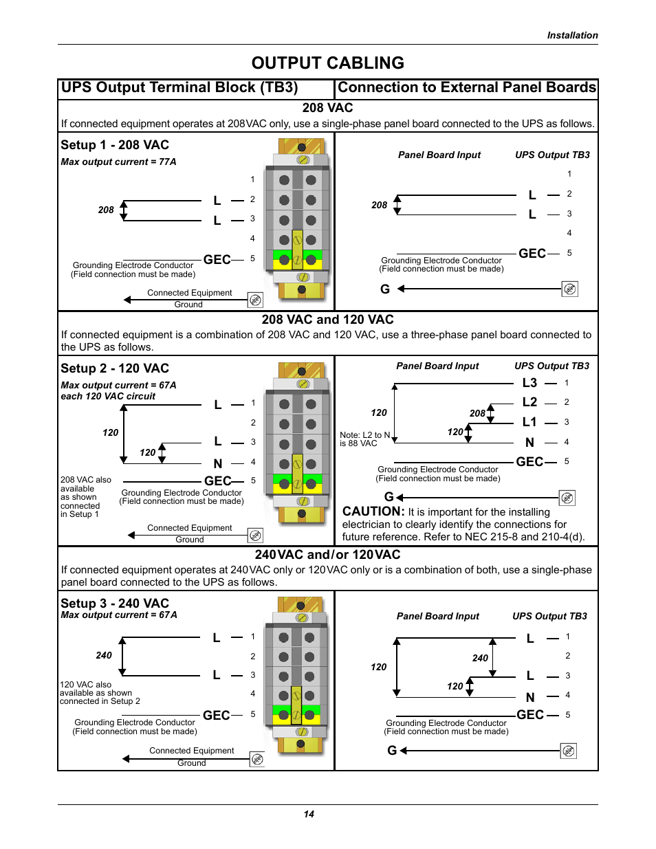 Output cabling, 208 vac, Setup 1 - 208 vac | L l gec, L l gec g, Setup 2 - 120 vac, Lgec, Caution, L2 n l1 l3 g, Setup 3 - 240 vac | Liebert Nfinity User Manual | Page 18 / 44