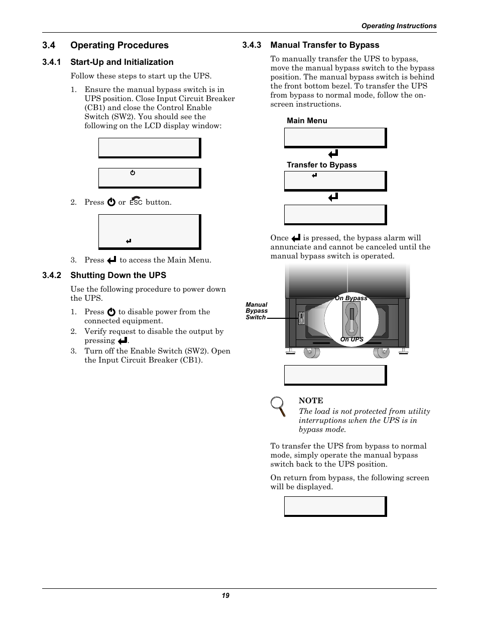 4 operating procedures, 1 start-up and initialization, 2 shutting down the ups | 3 manual transfer to bypass, Operating procedures, Start-up and initialization, Shutting down the ups, Manual transfer to bypass | Liebert Nfinity User Manual | Page 23 / 44