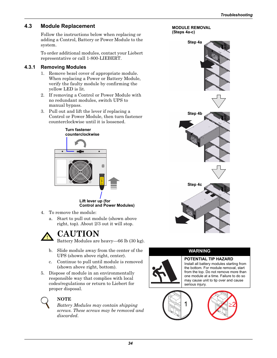 3 module replacement, 1 removing modules, Module replacement | Removing modules, Caution | Liebert Nfinity User Manual | Page 38 / 44