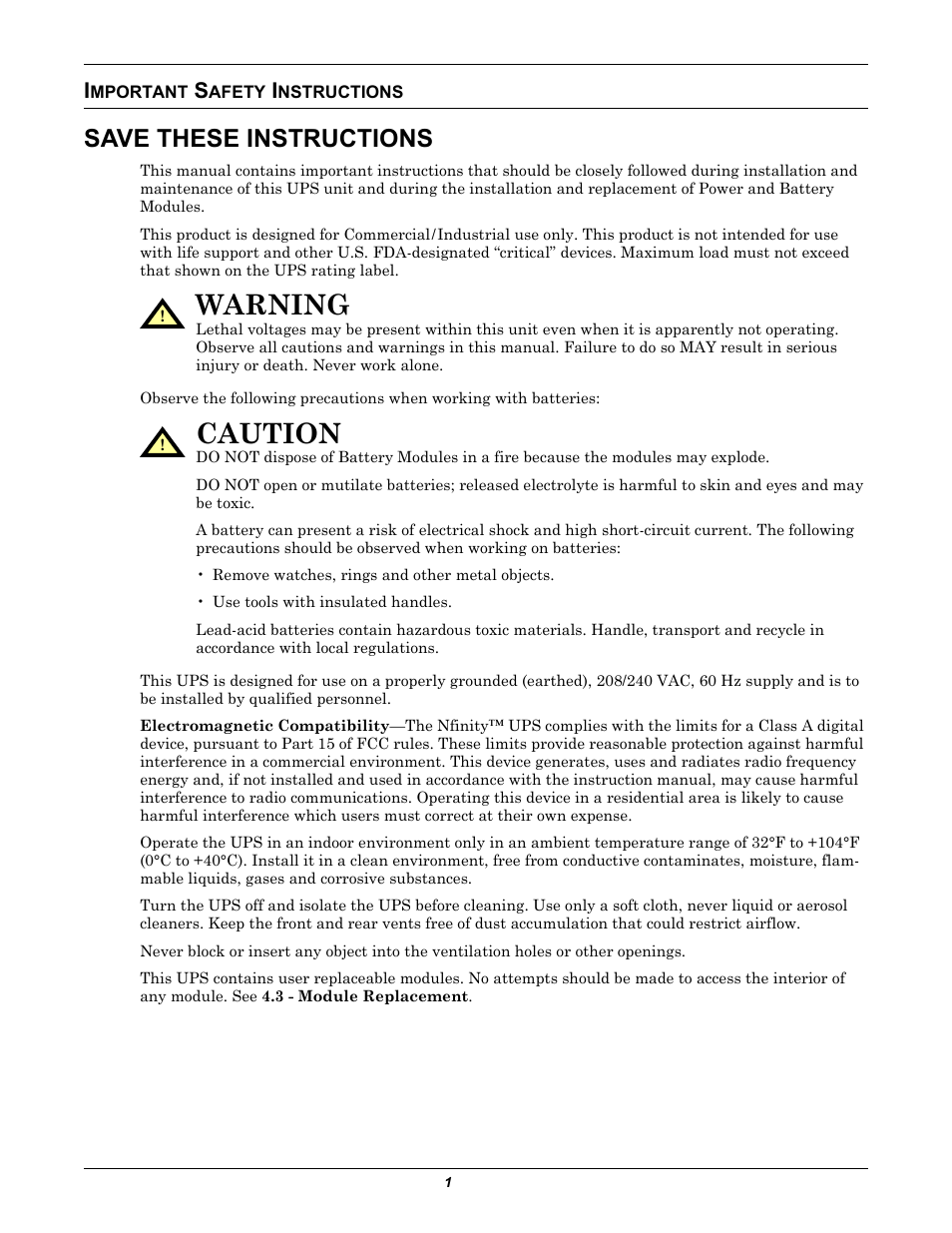 Important safety instructions, Mportant, Afety | Nstructions, Warning, Caution, Save these instructions | Liebert Nfinity User Manual | Page 5 / 44