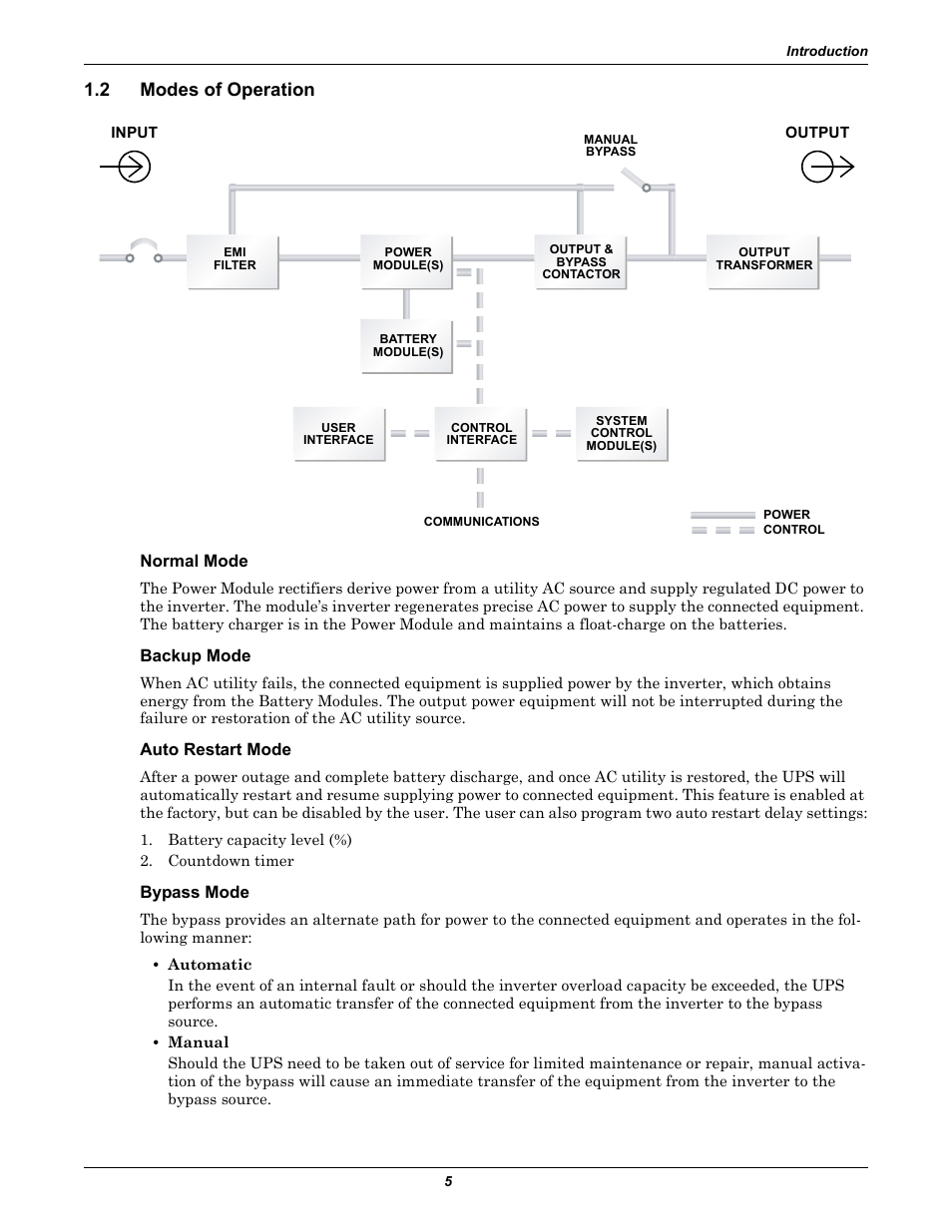 2 modes of operation, Normal mode, Backup mode | Auto restart mode, Bypass mode, Modes of operation | Liebert Nfinity User Manual | Page 9 / 44