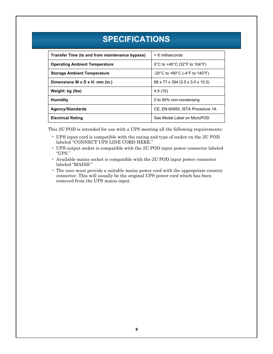 Specifications | Liebert 2U User Manual | Page 13 / 16