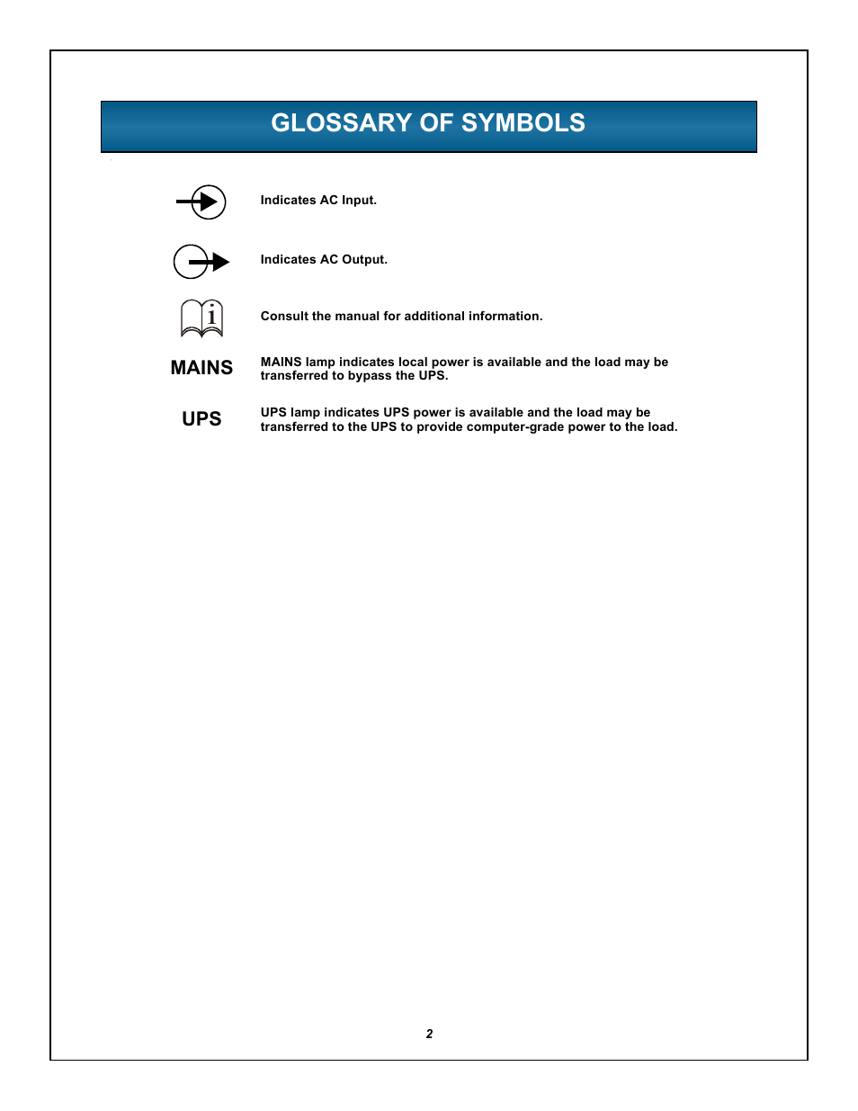 Glossary of symbols, Mains ups | Liebert 2U User Manual | Page 6 / 16