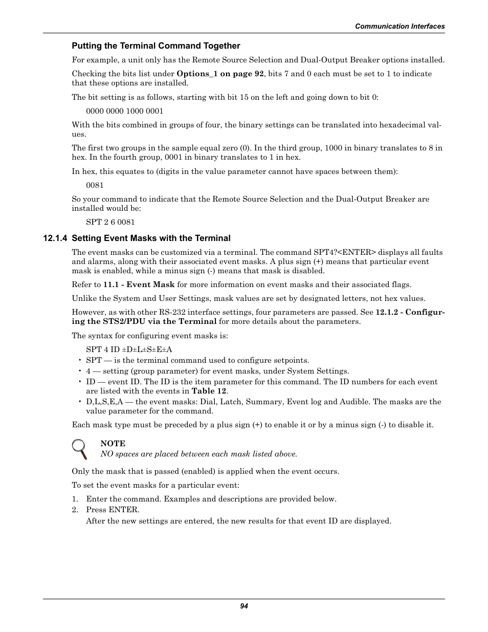 Putting the terminal command together, 4 setting event masks with the terminal, Setting event masks with the terminal | The event log. see 12.1.4 - setting event, Masks with the terminal | Liebert STS2 User Manual | Page 102 / 156