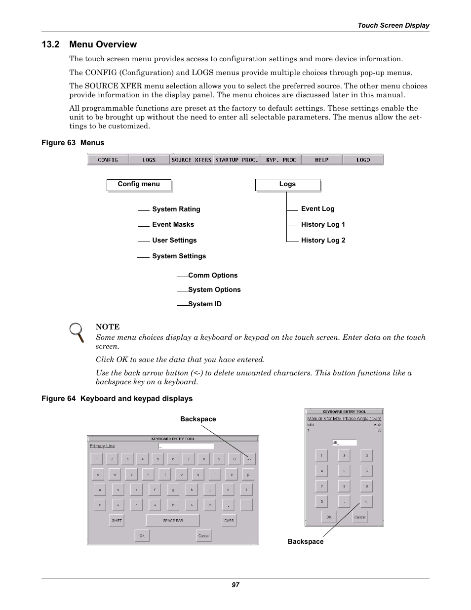 2 menu overview, Figure 63 menus, Figure 64 keyboard and keypad displays | Menu overview | Liebert STS2 User Manual | Page 105 / 156