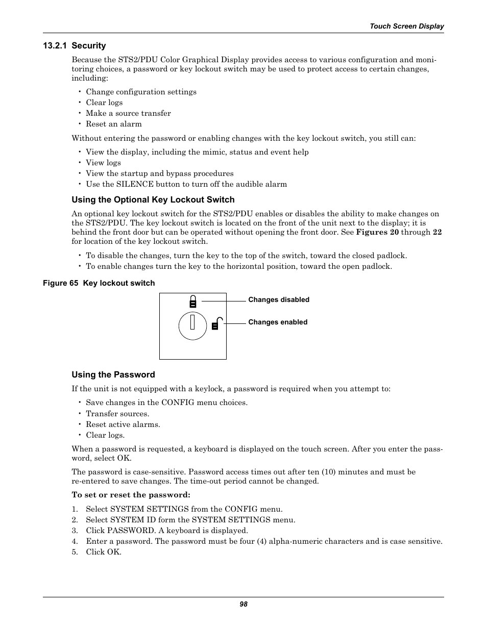 1 security, Using the optional key lockout switch, Figure 65 key lockout switch | Using the password, Security | Liebert STS2 User Manual | Page 106 / 156