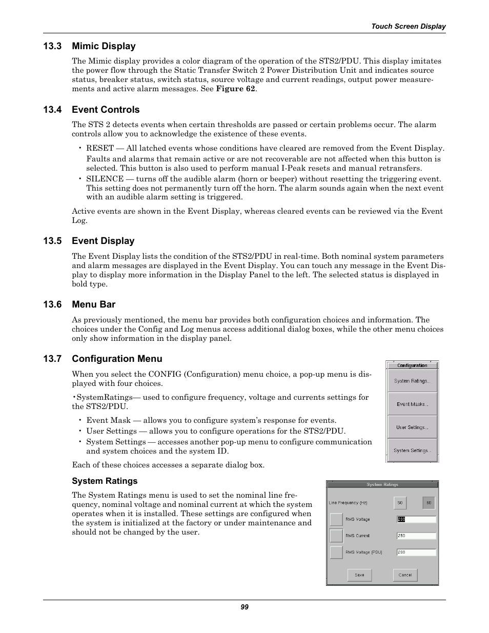 3 mimic display, 4 event controls, 5 event display | 6 menu bar, 7 configuration menu, System ratings, Mimic display, Event controls, Event display, Menu bar | Liebert STS2 User Manual | Page 107 / 156