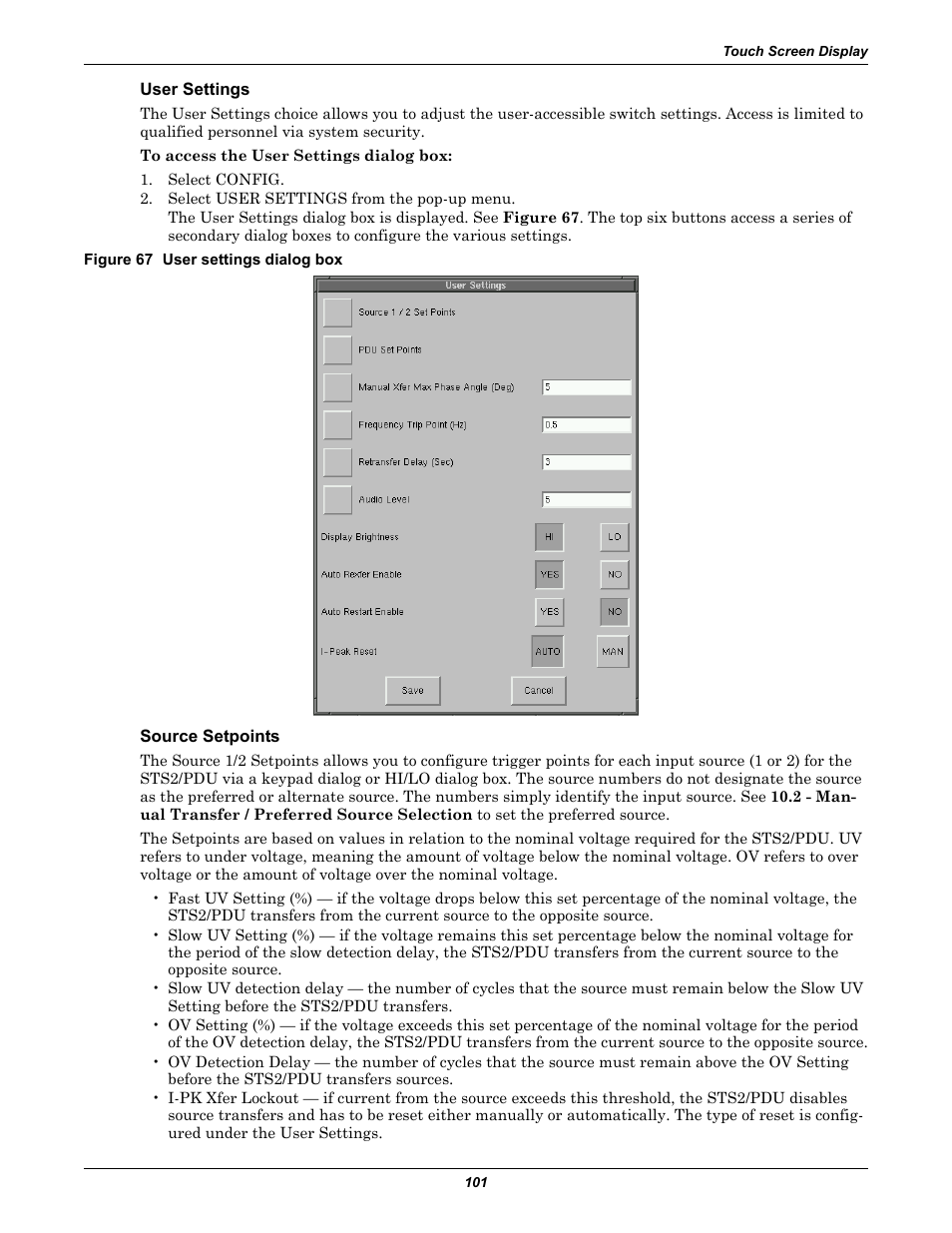 User settings, Figure 67 user settings dialog box, Source setpoints | User | Liebert STS2 User Manual | Page 109 / 156