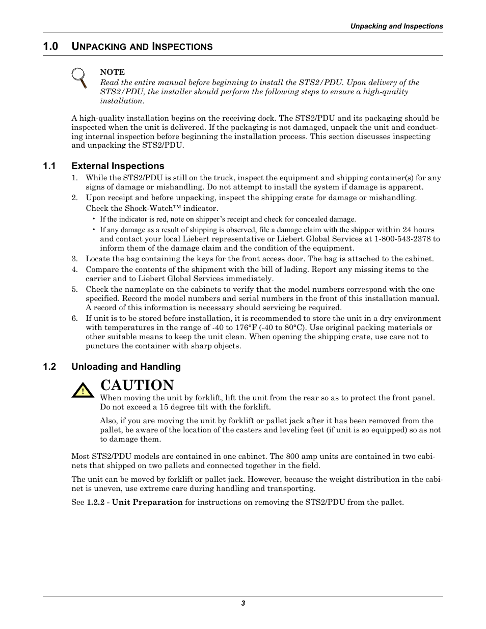 0 unpacking and inspections, 1 external inspections, 2 unloading and handling | Npacking, Nspections, External inspections, Unloading and handling, Caution | Liebert STS2 User Manual | Page 11 / 156