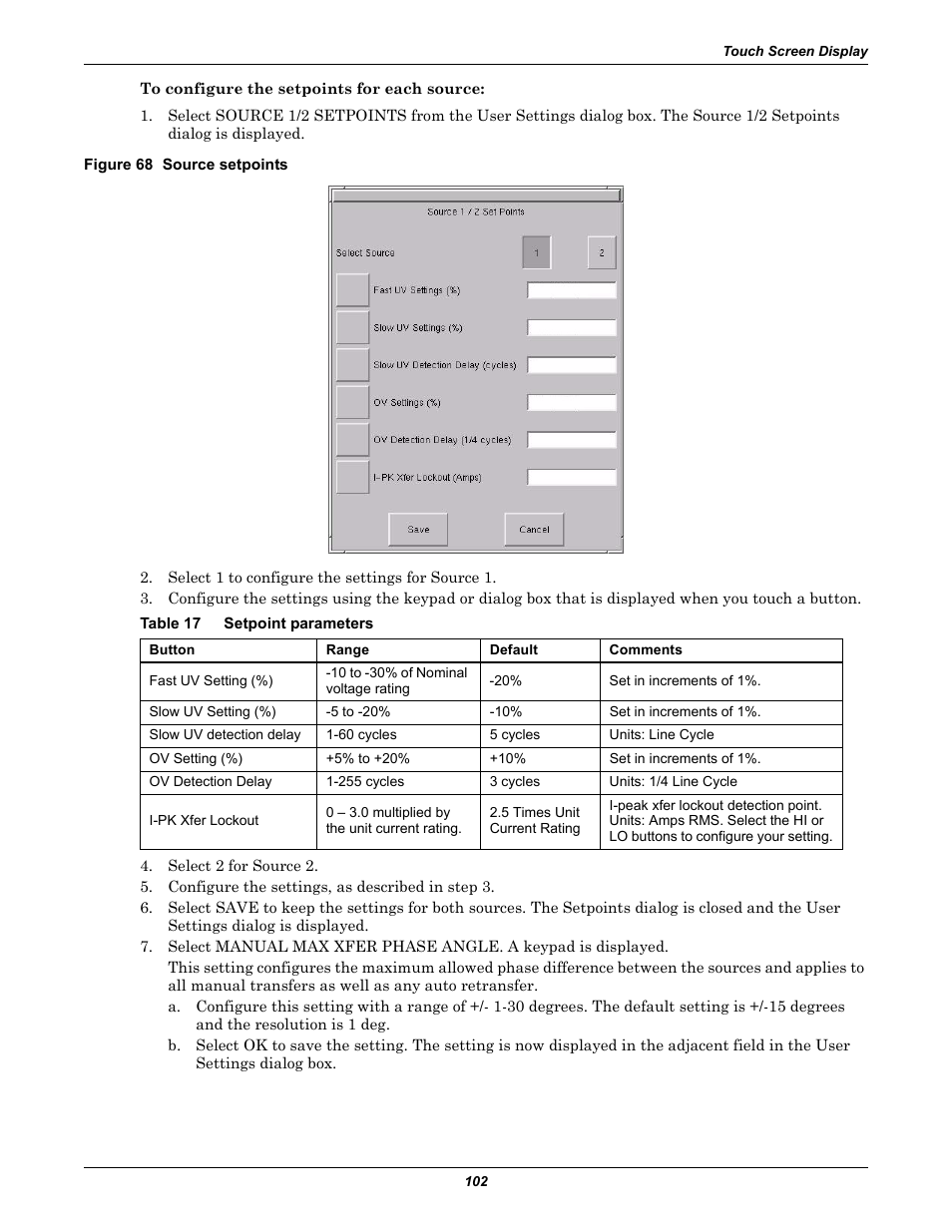 Figure 68 source setpoints, Table 17 setpoint parameters, Table 17 | Setpoint parameters | Liebert STS2 User Manual | Page 110 / 156