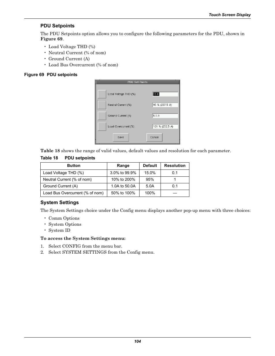 Pdu setpoints, Figure 69 pdu setpoints, Table 18 pdu setpoints | System settings, Table 18 | Liebert STS2 User Manual | Page 112 / 156