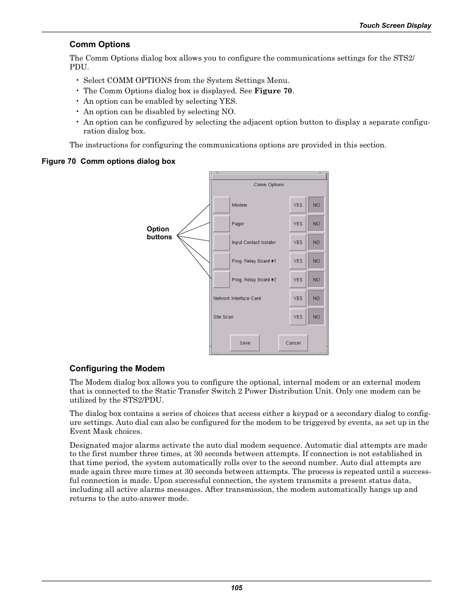 Comm options, Figure 70 comm options dialog box, Configuring the modem | Comm, Y, see configuring the | Liebert STS2 User Manual | Page 113 / 156