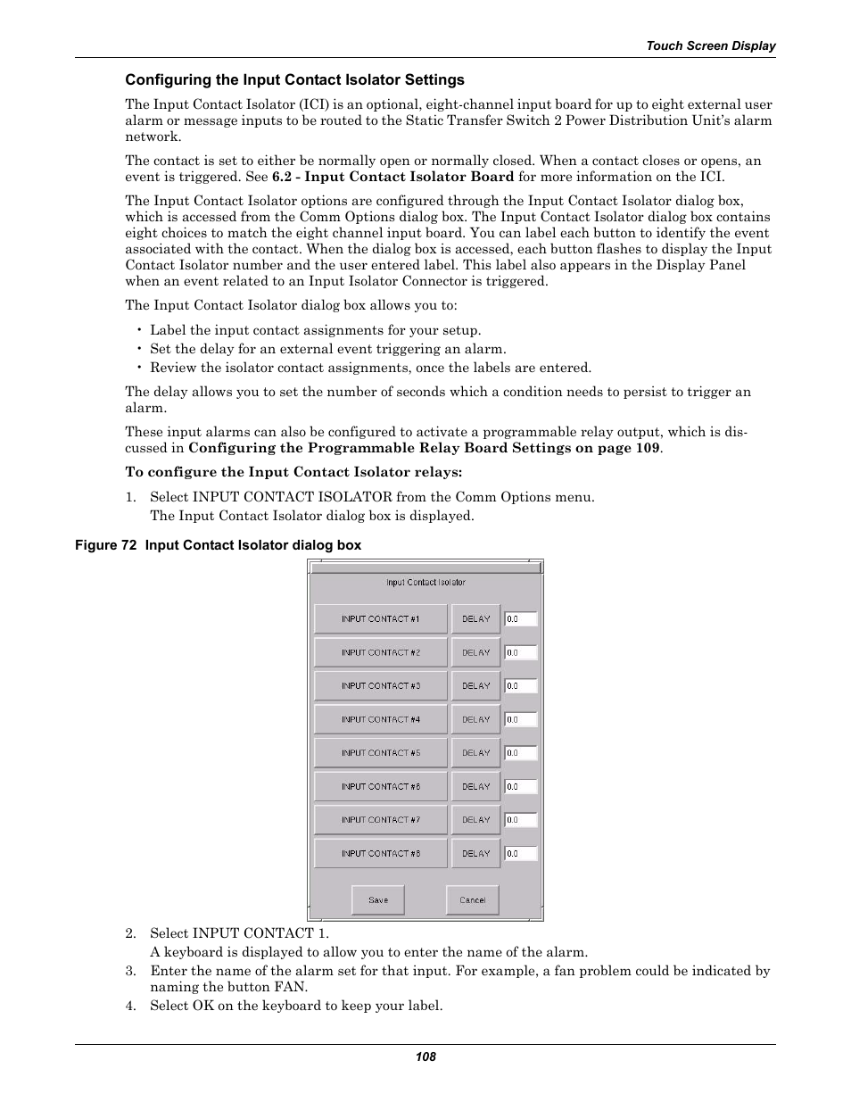 Configuring the input contact isolator settings, Figure 72 input contact isolator dialog box, Configuring the input | Liebert STS2 User Manual | Page 116 / 156