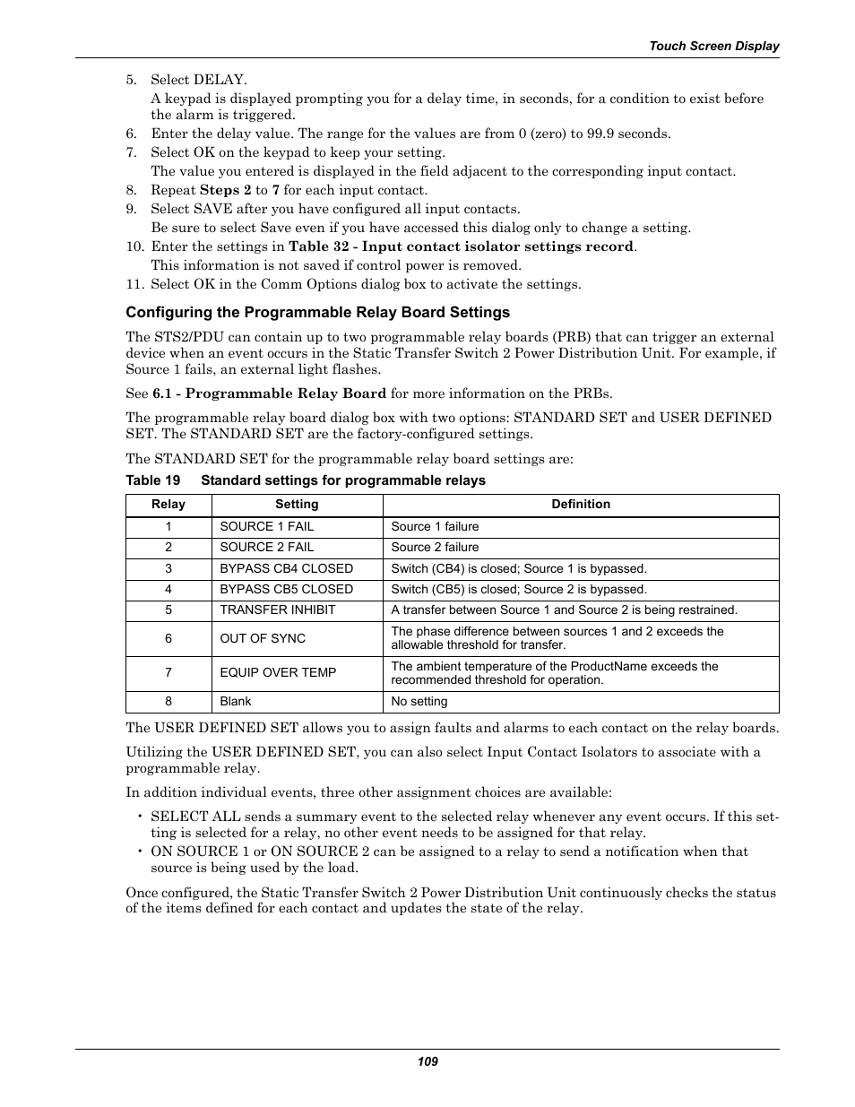 Configuring the programmable relay board settings, Table 19 standard settings for programmable relays, Table 19 | Standard settings for programmable relays, Configuring the programmable relay | Liebert STS2 User Manual | Page 117 / 156
