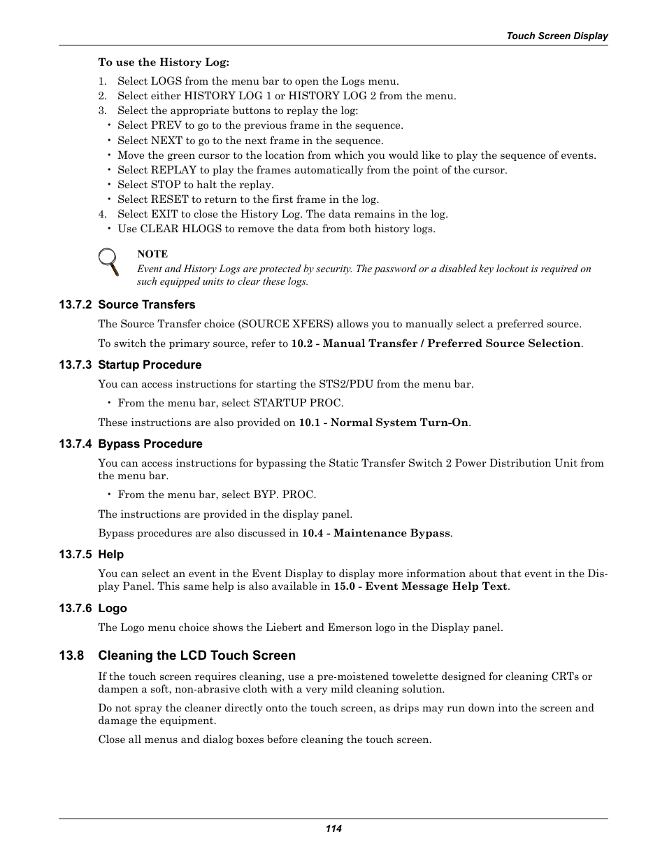 2 source transfers, 3 startup procedure, 4 bypass procedure | 5 help, 6 logo, 8 cleaning the lcd touch screen, Source transfers, Startup procedure, Bypass procedure, Help | Liebert STS2 User Manual | Page 122 / 156