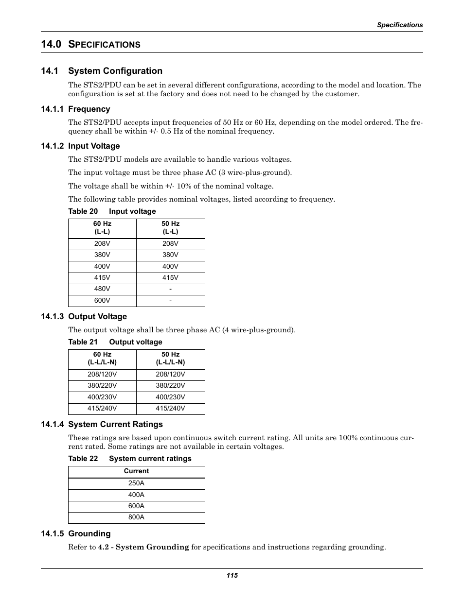 0 specifications, 1 system configuration, 1 frequency | 2 input voltage, Table 20 input voltage, 3 output voltage, Table 21 output voltage, 4 system current ratings, Table 22 system current ratings, 5 grounding | Liebert STS2 User Manual | Page 123 / 156