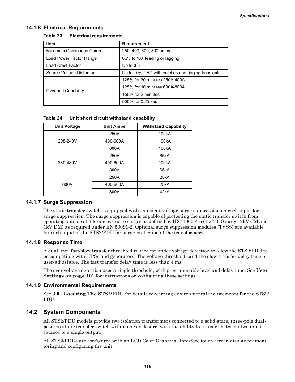 6 electrical requirements, Table 23 electrical requirements, Table 24 unit short circuit withstand capability | 7 surge suppression, 8 response time, 9 environmental requirements, 2 system components, Electrical requirements, Surge suppression, Response time | Liebert STS2 User Manual | Page 124 / 156