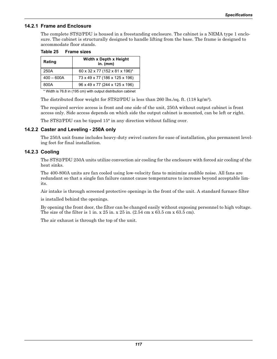 1 frame and enclosure, Table 25 frame sizes, 2 caster and leveling - 250a only | 3 cooling, Frame and enclosure, Caster and leveling - 250a only, Cooling, Table 25, Frame sizes | Liebert STS2 User Manual | Page 125 / 156