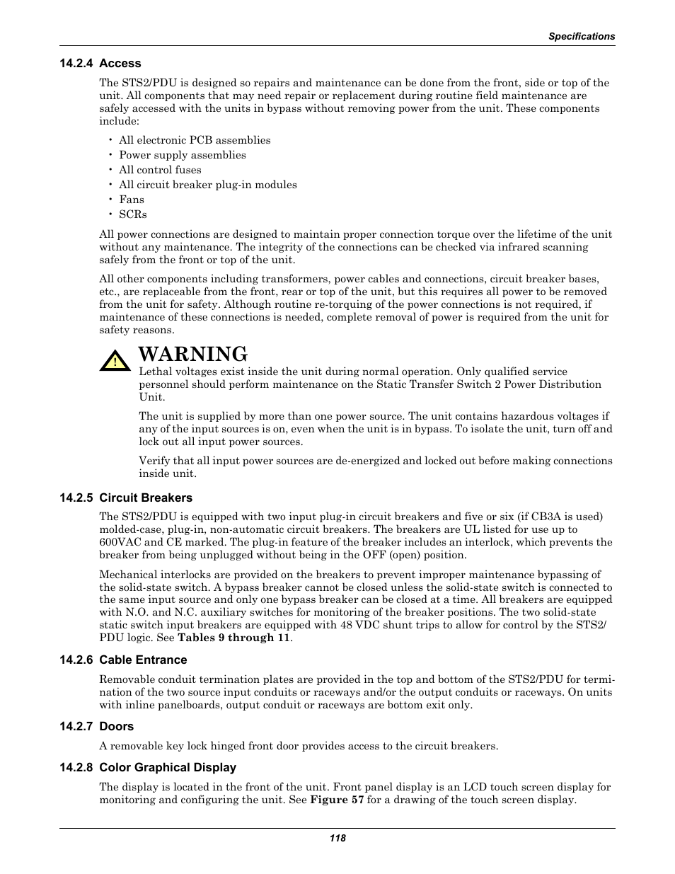 4 access, 5 circuit breakers, 6 cable entrance | 7 doors, 8 color graphical display, Access, Circuit breakers, Cable entrance, Doors, Color graphical display | Liebert STS2 User Manual | Page 126 / 156