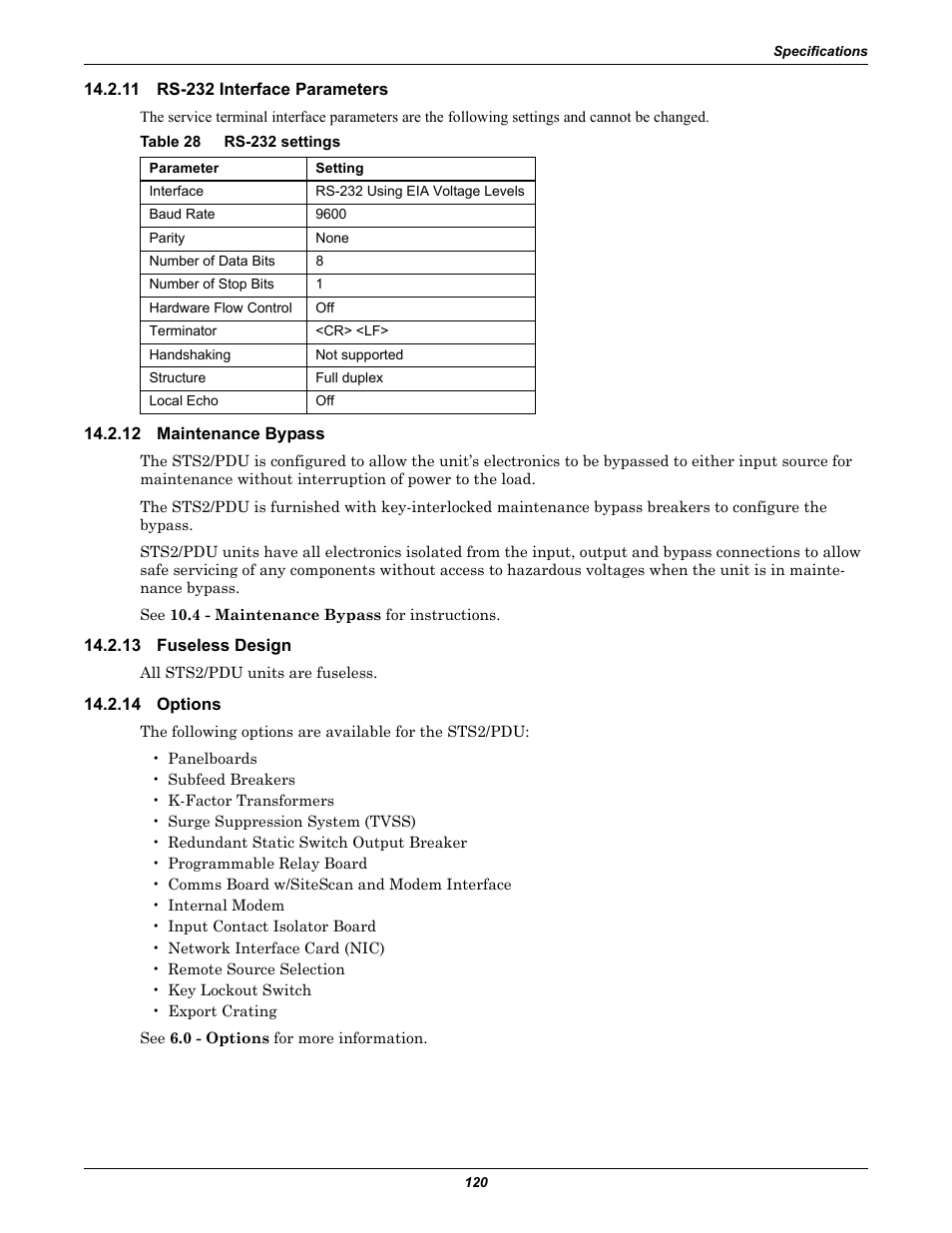 11 rs-232 interface parameters, Table 28 rs-232 settings, 12 maintenance bypass | 13 fuseless design, 14 options, Options, Table 28, Rs-232 settings, See 14.2.12 - maintenance bypass | Liebert STS2 User Manual | Page 128 / 156