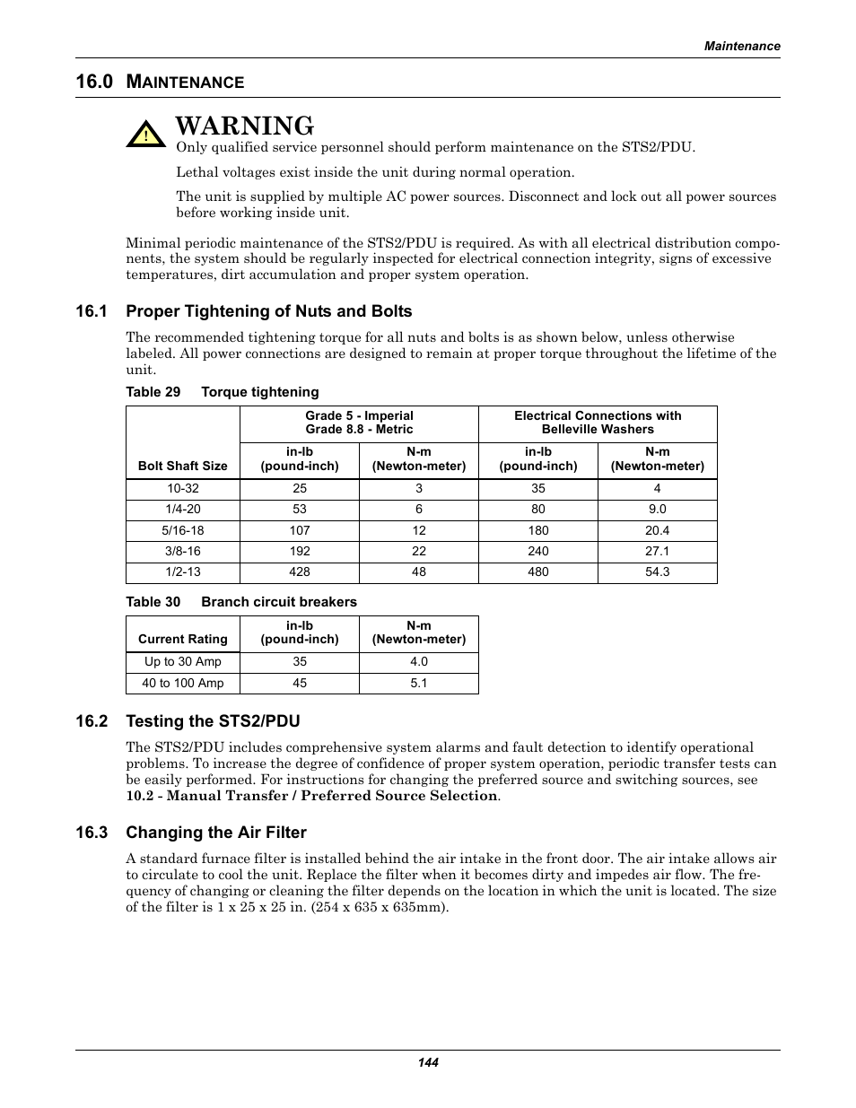 0 maintenance, 1 proper tightening of nuts and bolts, Table 29 torque tightening | Table 30 branch circuit breakers, 2 testing the sts2/pdu, 3 changing the air filter, Aintenance, Proper tightening of nuts and bolts, Testing the sts2/pdu, Changing the air filter | Liebert STS2 User Manual | Page 152 / 156