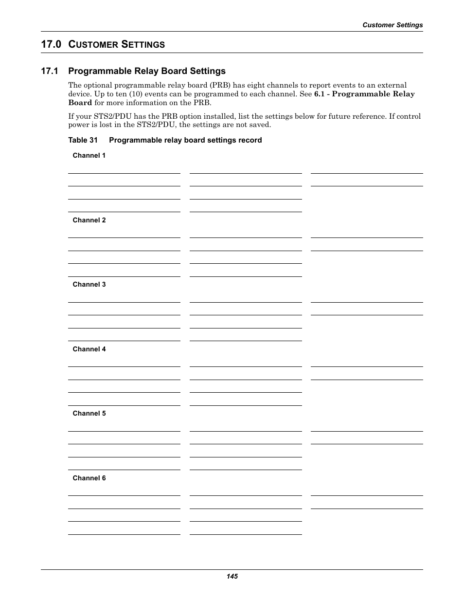 0 customer settings, 1 programmable relay board settings, Table 31 programmable relay board settings record | Ustomer, Ettings, Programmable relay board settings, Table 31, Programmable relay board settings record | Liebert STS2 User Manual | Page 153 / 156