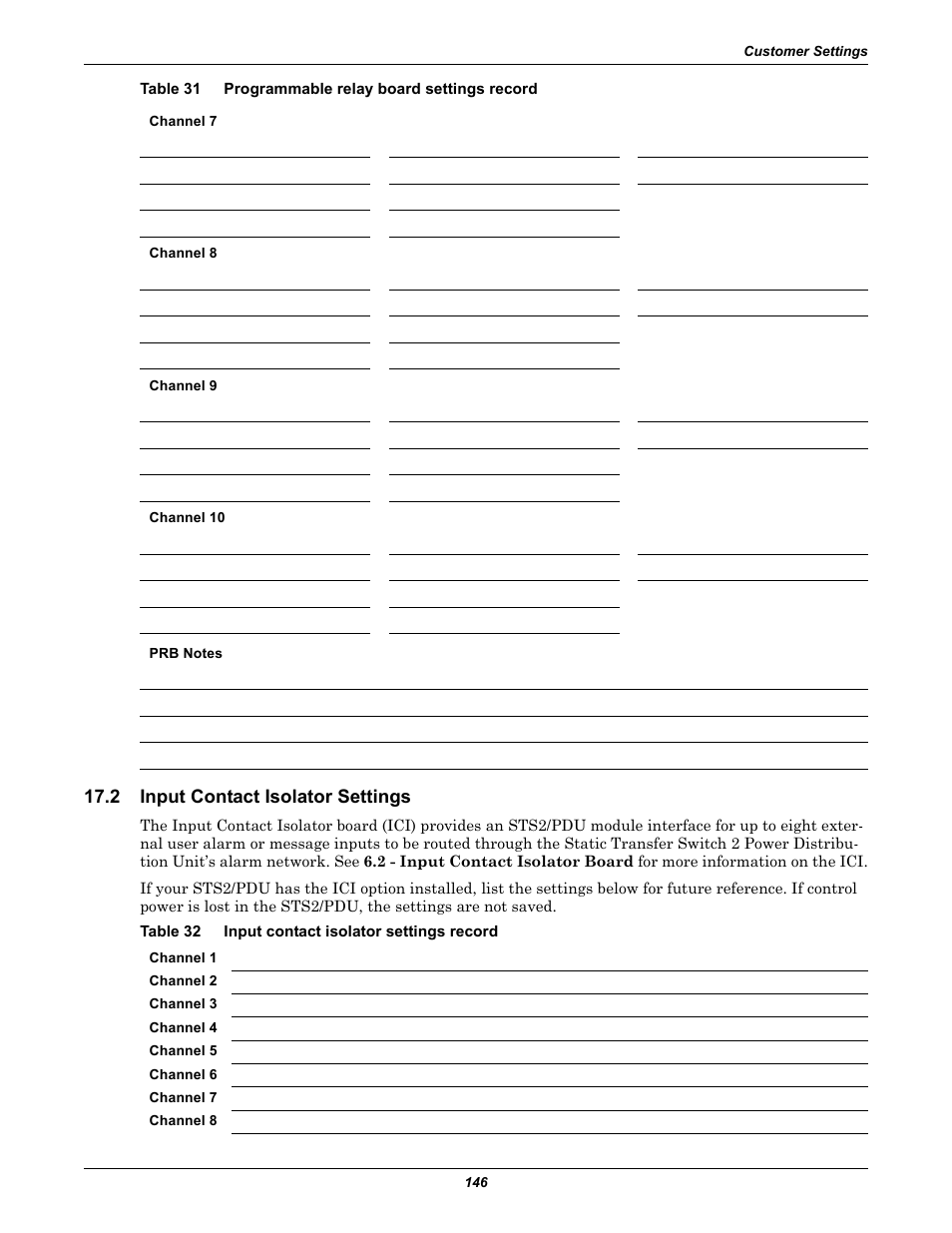 2 input contact isolator settings, Table 32 input contact isolator settings record, Input contact isolator settings | Table 32, Input contact isolator settings record, Table 32 - input contact isolator settings record | Liebert STS2 User Manual | Page 154 / 156