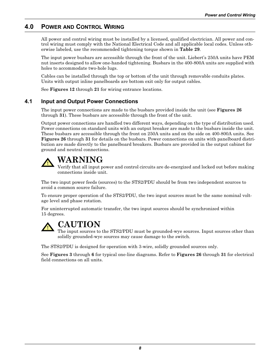0 power and control wiring, 1 input and output power connections, Ower | Ontrol, Iring, Input and output power connections, Warning, Caution | Liebert STS2 User Manual | Page 16 / 156