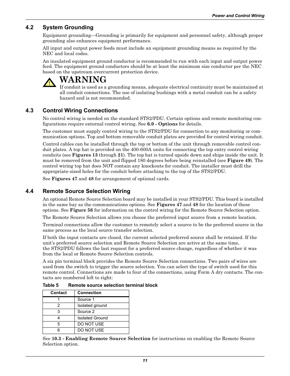 2 system grounding, 3 control wiring connections, 4 remote source selection wiring | Table 5 remote source selection terminal block, System grounding, Control wiring connections, Remote source selection wiring, Table 5, Remote source selection terminal block, Warning | Liebert STS2 User Manual | Page 19 / 156