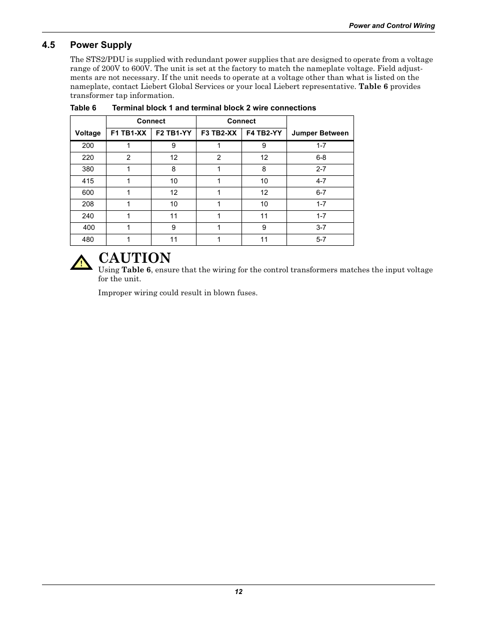 5 power supply, Power supply, Table 6 | Caution | Liebert STS2 User Manual | Page 20 / 156