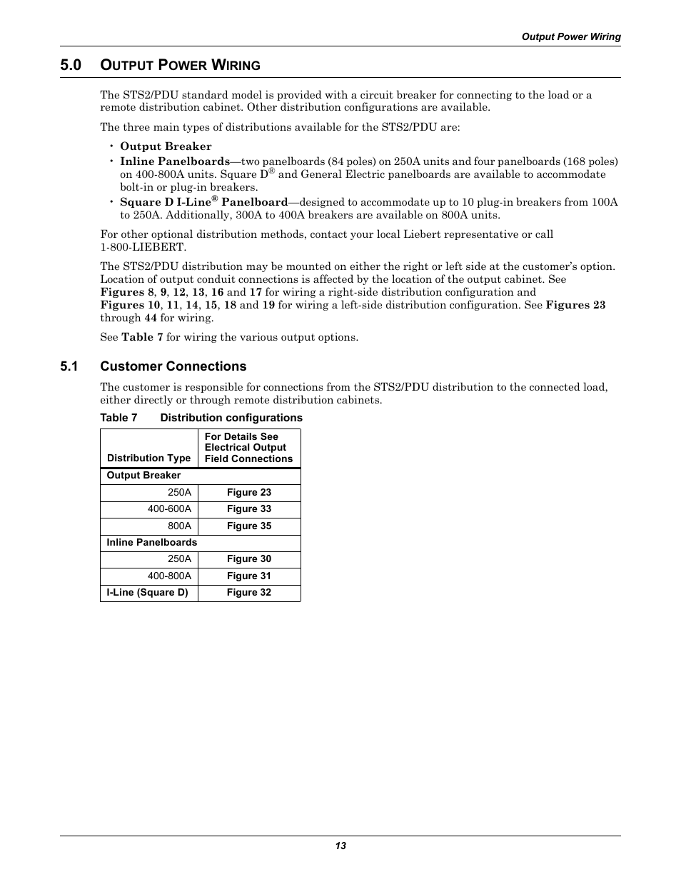 0 output power wiring, 1 customer connections, Table 7 distribution configurations | Utput, Ower, Iring, Customer connections, Table 7, Distribution configurations | Liebert STS2 User Manual | Page 21 / 156