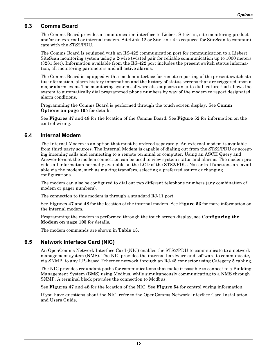 3 comms board, 4 internal modem, 5 network interface card (nic) | Comms board, Internal modem, Network interface card (nic) | Liebert STS2 User Manual | Page 23 / 156