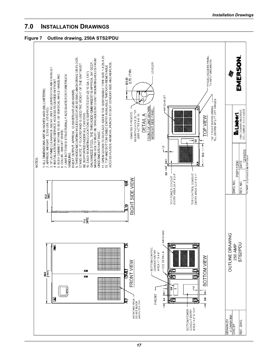 0 installation drawings, Figure 7 outline drawing, 250a sts2/pdu, Nstallation | Rawings, Figure 7, Outline drawing, 250a sts2/pdu, Figures 7 th | Liebert STS2 User Manual | Page 25 / 156