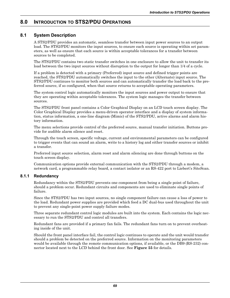 0 introduction to sts2/pdu operations, 1 system description, 1 redundancy | Ntroduction, Sts2/pdu o, Perations, System description, Redundancy | Liebert STS2 User Manual | Page 77 / 156