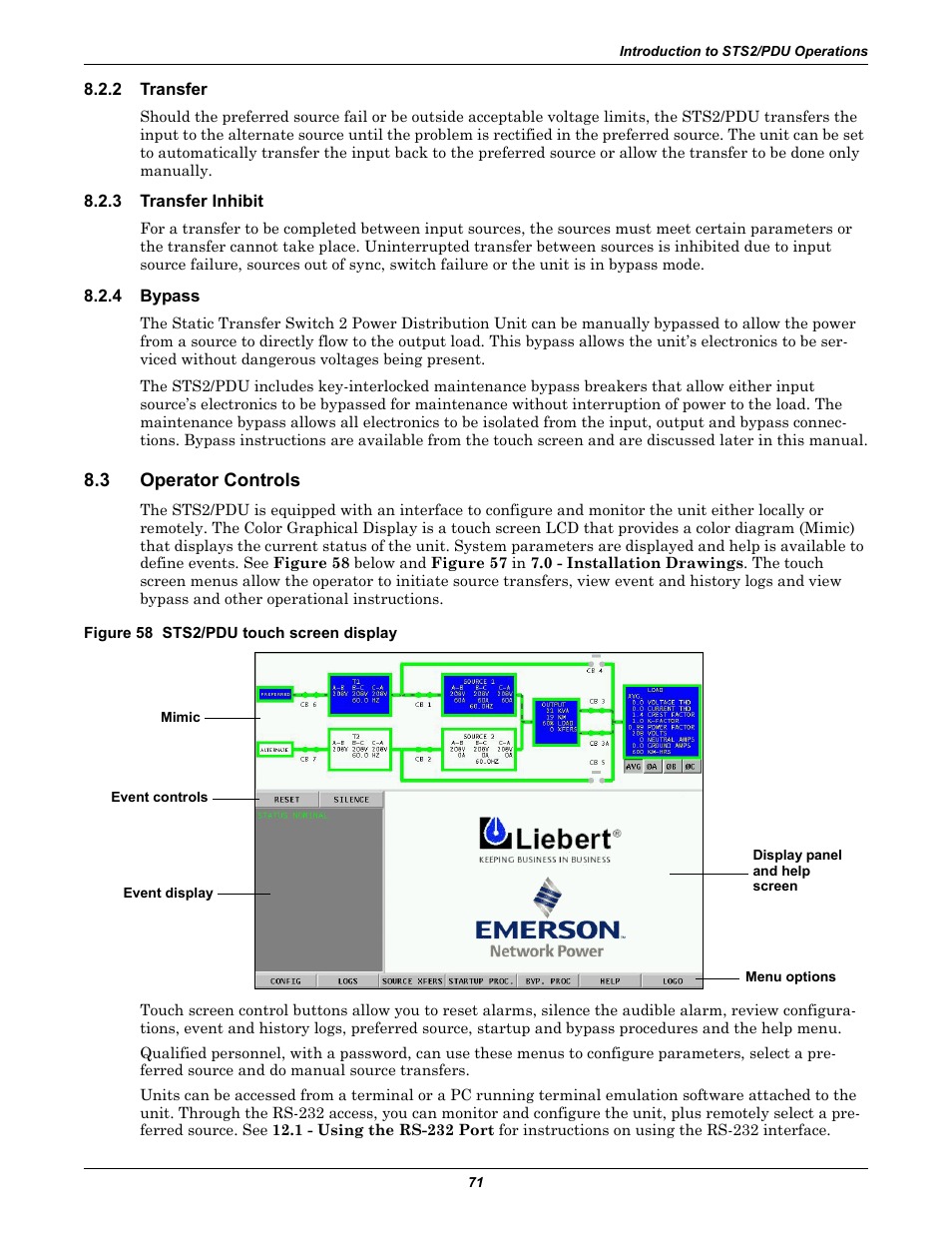 2 transfer, 3 transfer inhibit, 4 bypass | 3 operator controls, Figure 58 sts2/pdu touch screen display, Transfer, Transfer inhibit, Bypass, Operator controls | Liebert STS2 User Manual | Page 79 / 156