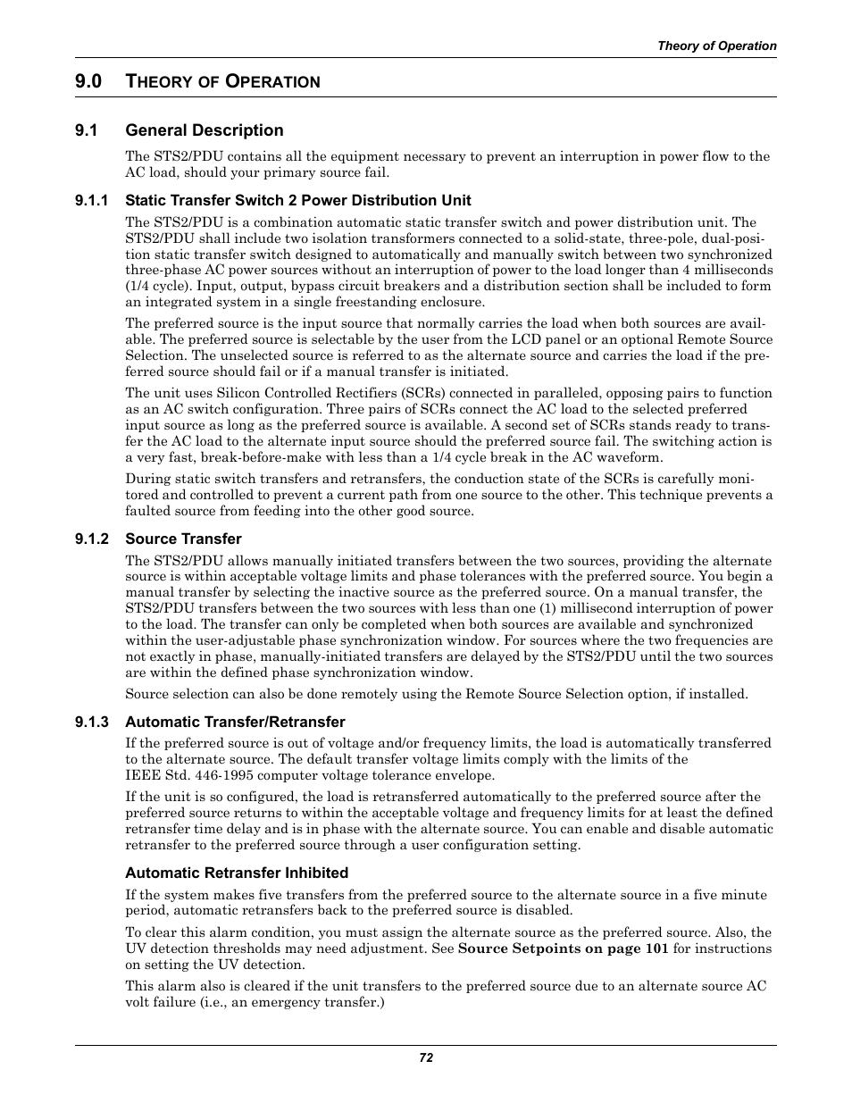 0 theory of operation, 1 general description, 1 static transfer switch2 power distribution unit | 2 source transfer, 3 automatic transfer/retransfer, Automatic retransfer inhibited, Heory, Peration, General description, Static transfer switch 2 power distribution unit | Liebert STS2 User Manual | Page 80 / 156