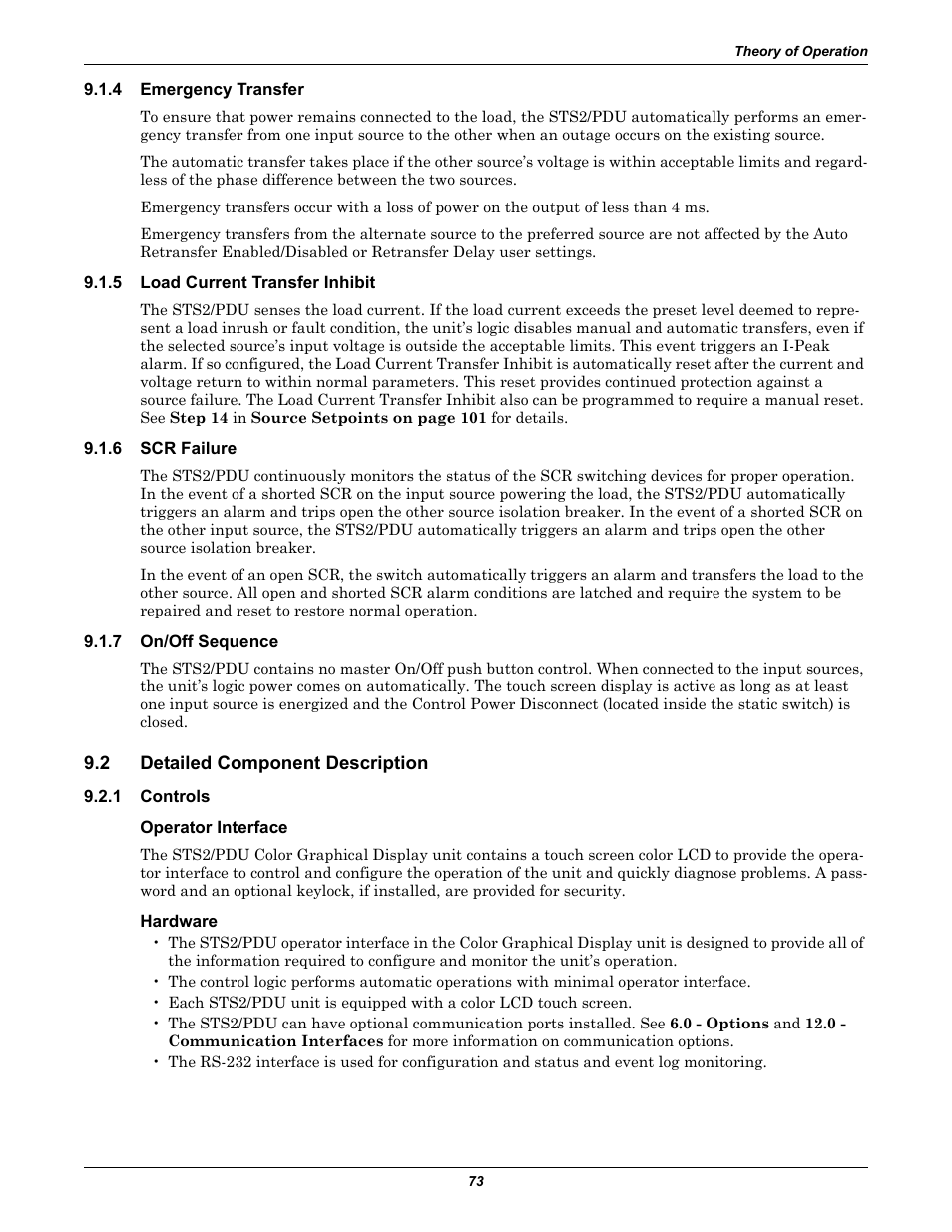 4 emergency transfer, 5 load current transfer inhibit, 6 scr failure | 7 on/off sequence, 2 detailed component description, 1 controls, Operator interface, Hardware, Emergency transfer, Load current transfer inhibit | Liebert STS2 User Manual | Page 81 / 156
