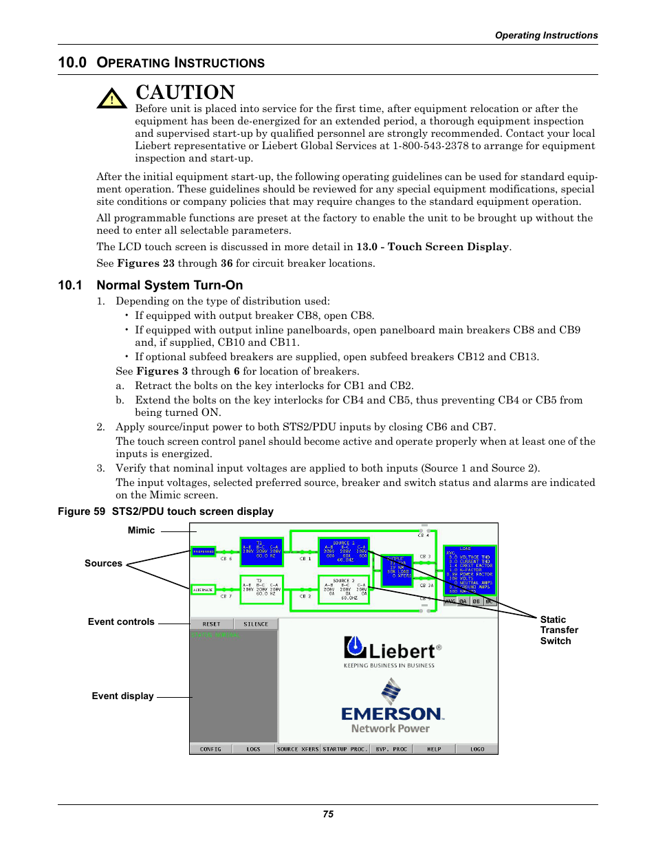 0 operating instructions, 1 normal system turn-on, Figure 59 sts2/pdu touch screen display | Perating, Nstructions, Normal system turn-on, Caution | Liebert STS2 User Manual | Page 83 / 156