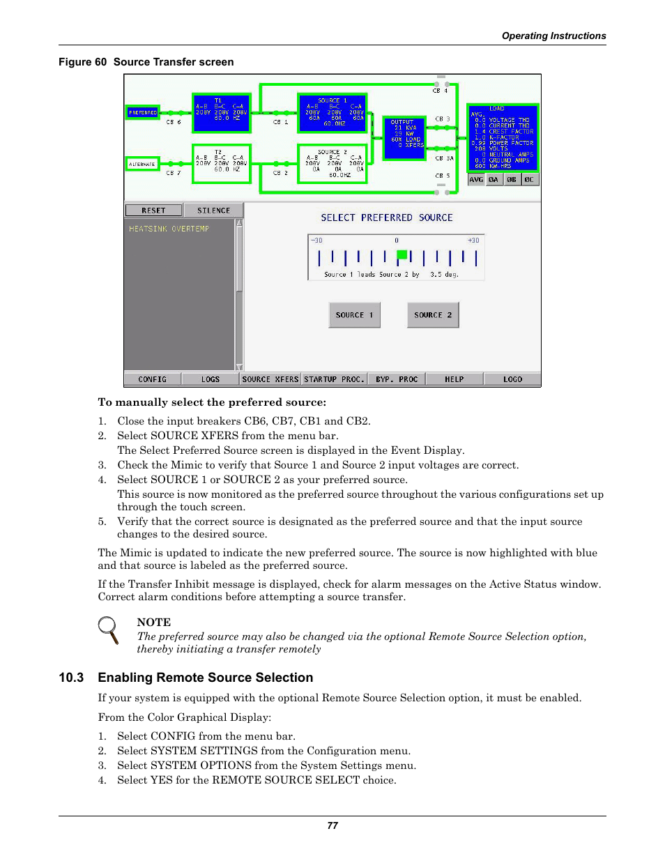 Figure 60 source transfer screen, 3 enabling remote source selection, Enabling remote source selection | Figure 60 | Liebert STS2 User Manual | Page 85 / 156