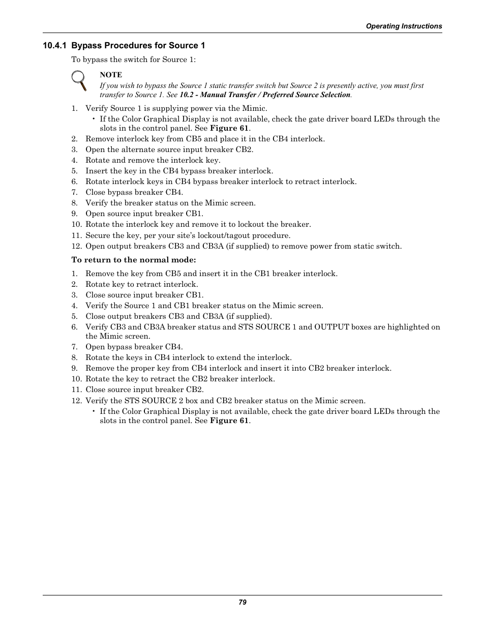 1 bypass procedures for source 1, Bypass procedures for source 1 | Liebert STS2 User Manual | Page 87 / 156