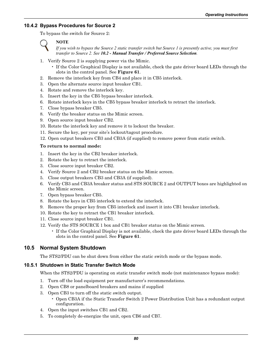 2 bypass procedures for source 2, 5 normal system shutdown, 1 shutdown in static transfer switch mode | Bypass procedures for source 2, Normal system shutdown, Shutdown in static transfer switch mode | Liebert STS2 User Manual | Page 88 / 156