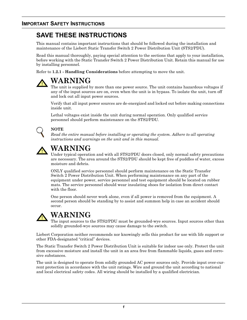 Important safety instructions, Mportant, Afety | Nstructions, Warning, Save these instructions | Liebert STS2 User Manual | Page 9 / 156