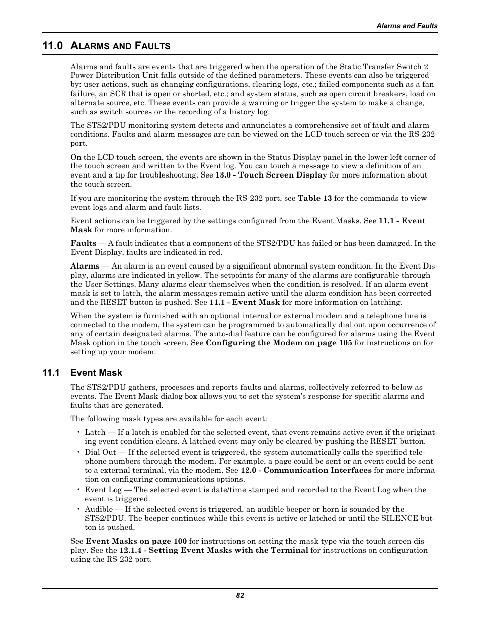 0 alarms and faults, 1 event mask, Larms | Aults, Event mask, Alarms and faults, See 11.1 - event mask, R to 11.0 - alarms and faults | Liebert STS2 User Manual | Page 90 / 156