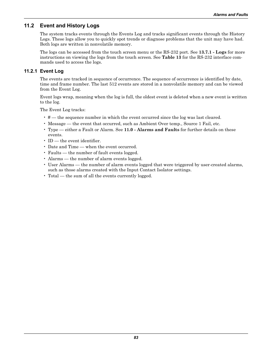 2 event and history logs, 1 event log, Event and history logs | Event log | Liebert STS2 User Manual | Page 91 / 156