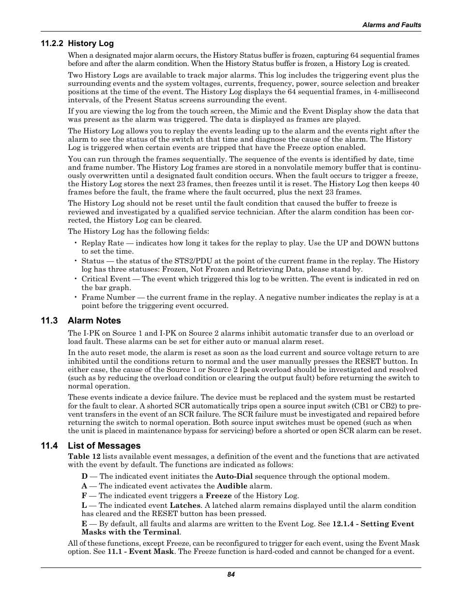 2 history log, 3 alarm notes, 4 list of messages | History log, Alarm notes, List of messages | Liebert STS2 User Manual | Page 92 / 156