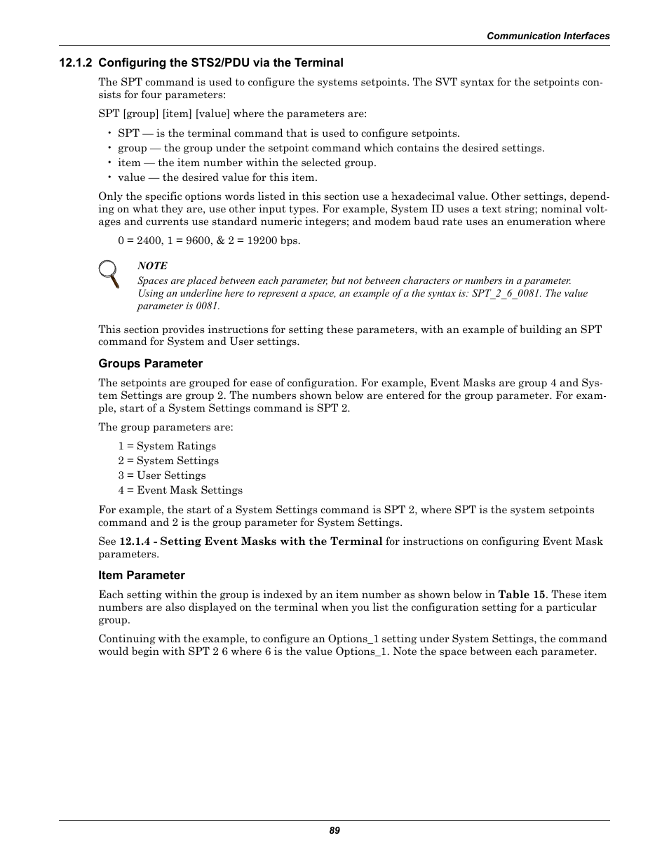 2 configuring the sts2/pdu via the terminal, Groups parameter, Item parameter | Configuring the sts2/pdu via the terminal | Liebert STS2 User Manual | Page 97 / 156