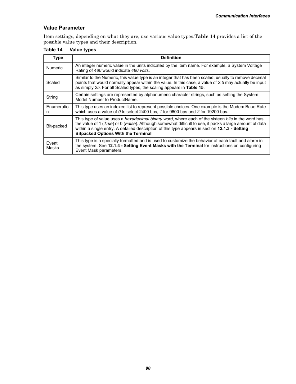Value parameter, Table 14 value types, Table 14 | Value types | Liebert STS2 User Manual | Page 98 / 156