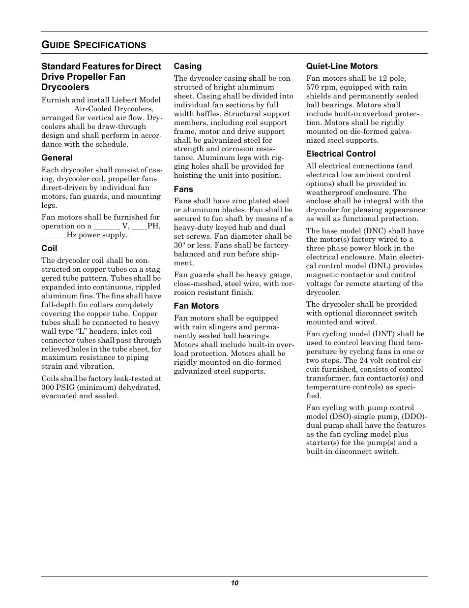 Guide specifications, General, Coil | Casing, Fans, Fan motors, Quiet-line motors, Electrical control, Uide, Pecifications | Liebert EMERSON 60 HZ User Manual | Page 14 / 20