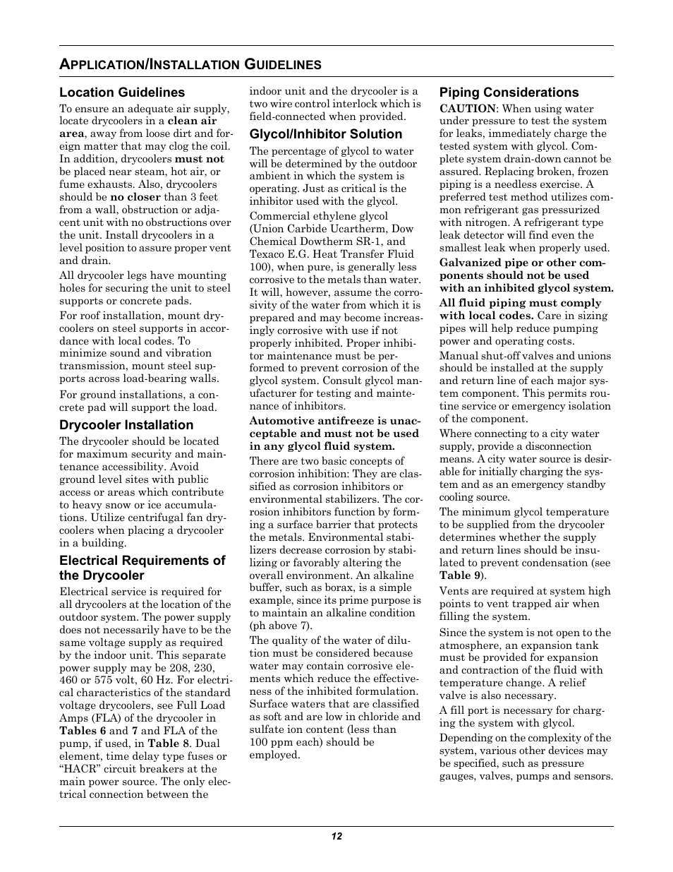 Application/installation guidelines, Location guidelines, Drycooler installation | Electrical requirements of the drycooler, Glycol/inhibitor solution, Piping considerations, Pplication, Nstallation, Uidelines | Liebert EMERSON 60 HZ User Manual | Page 16 / 20